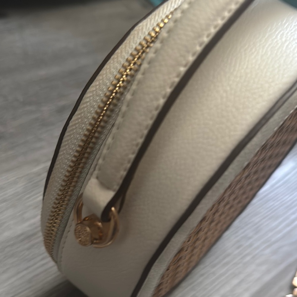Anne Klein Leather Cream & Tan Woven Crossbody Bag with Top Handle - Picture 7 of 15